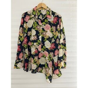 Cato Womens Floral Button Down Blouse Navy Pink Asymmetrical Peplum Top Large